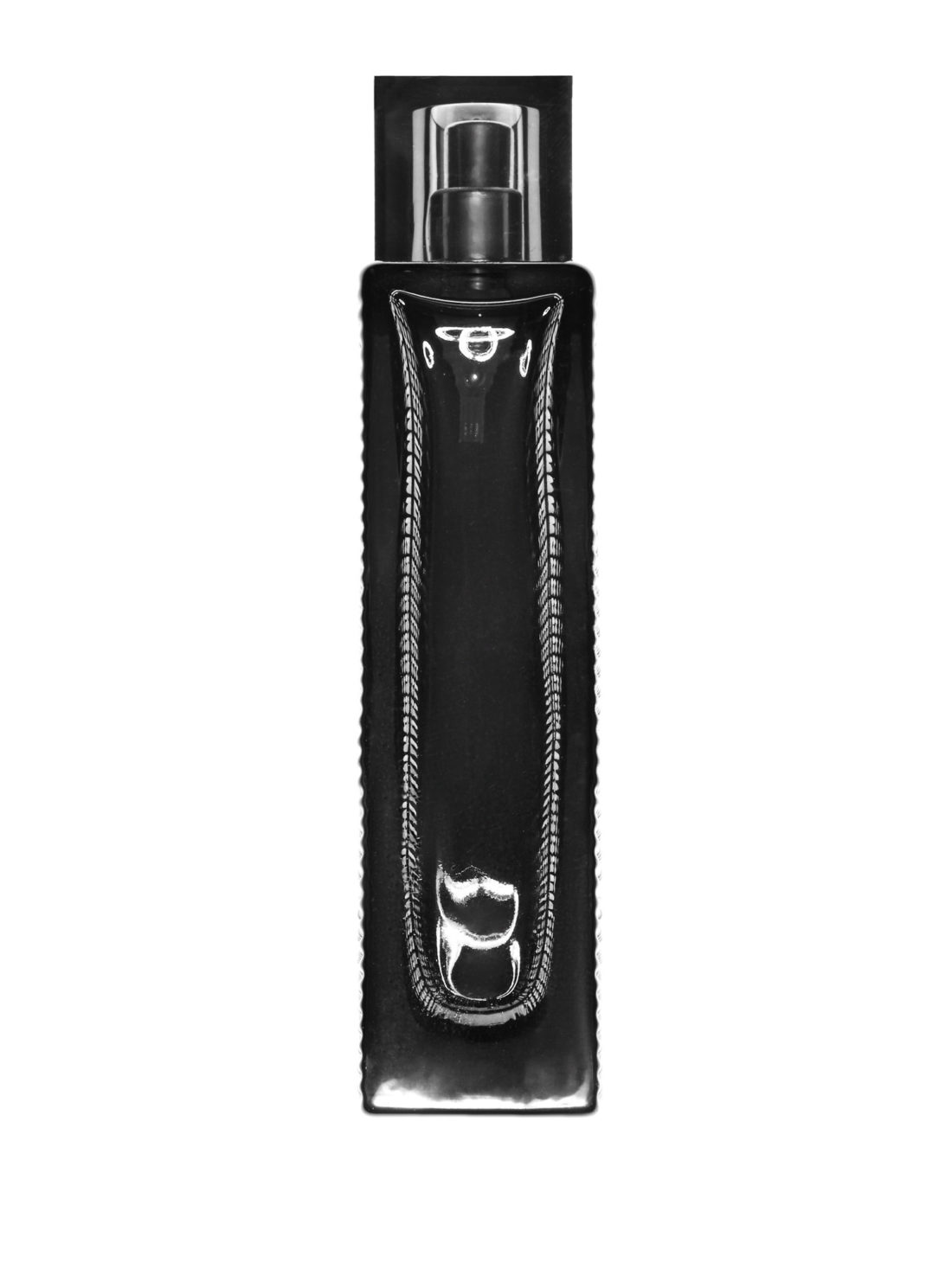 Black glass fragrance bottle with silver spray cap and braided inset panel on a white background, for Burberry.