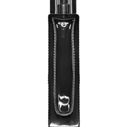Black glass fragrance bottle with silver spray cap and braided inset panel on a white background, for Burberry.