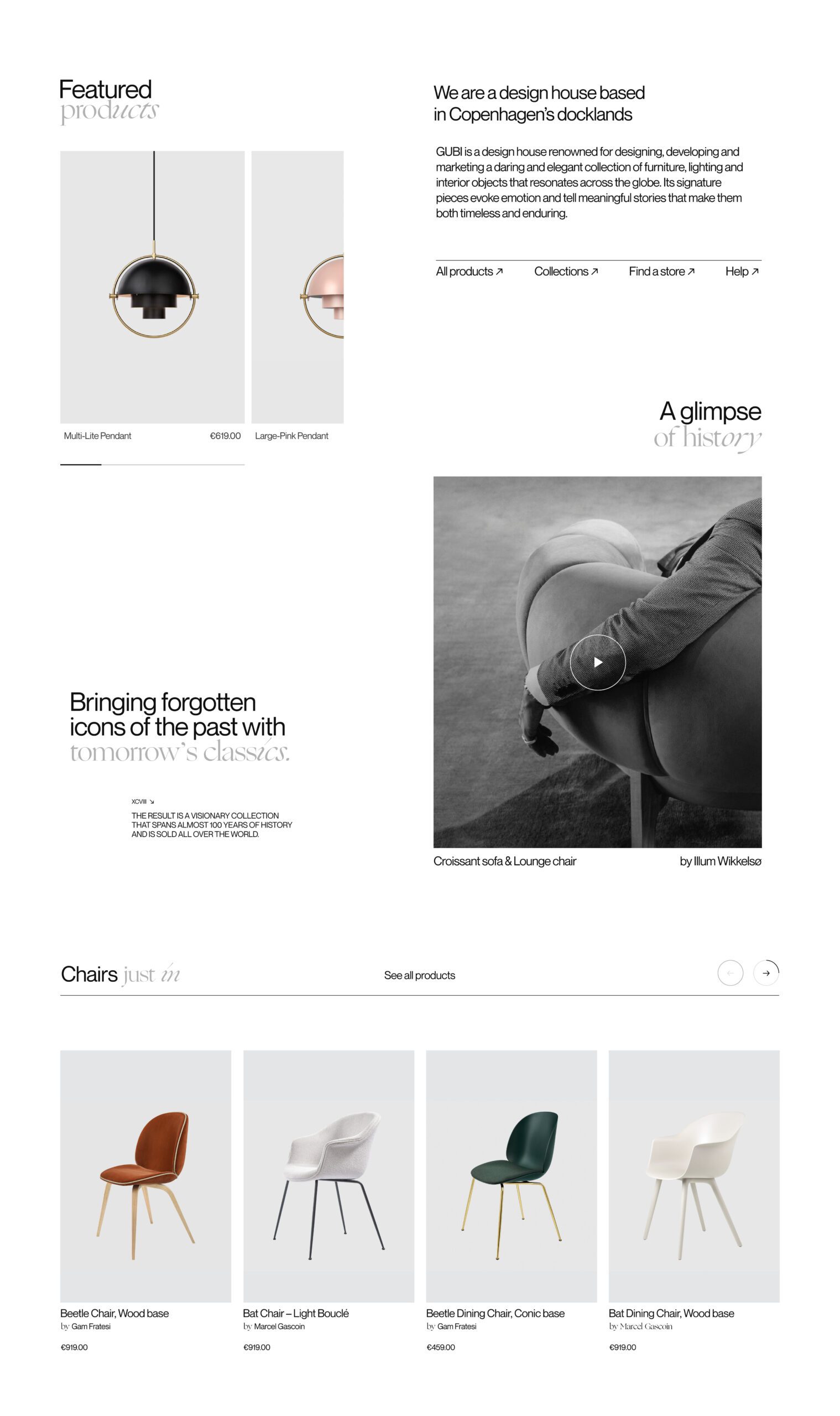 Website homepage layout with pendant lamps, black and white lounge chair video and a row of dining chairs, for GUBI.