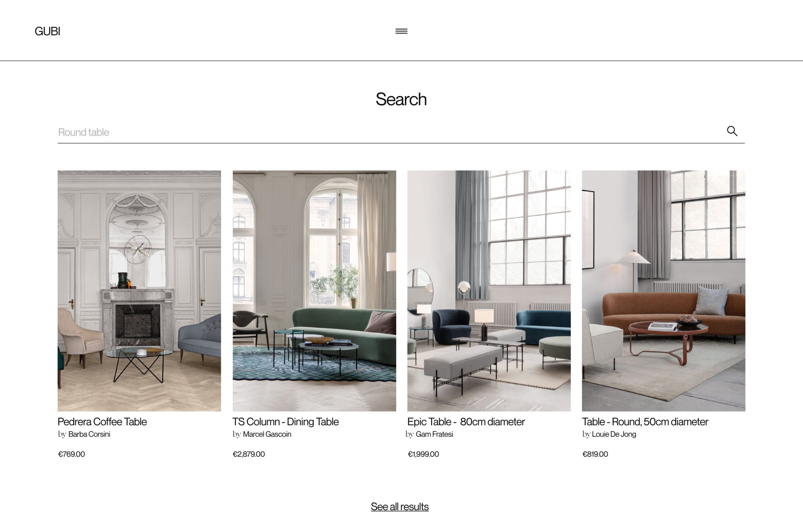 Website search results page showing four furniture listings with tables in bright interiors, for Gubi.