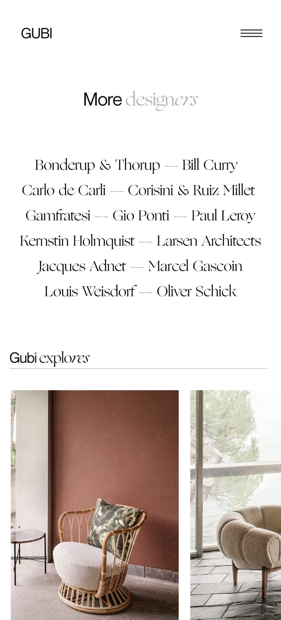 Mobile web page listing furniture designers above photos of a rattan lounge chair and a bouclé armchair, for Gubi.