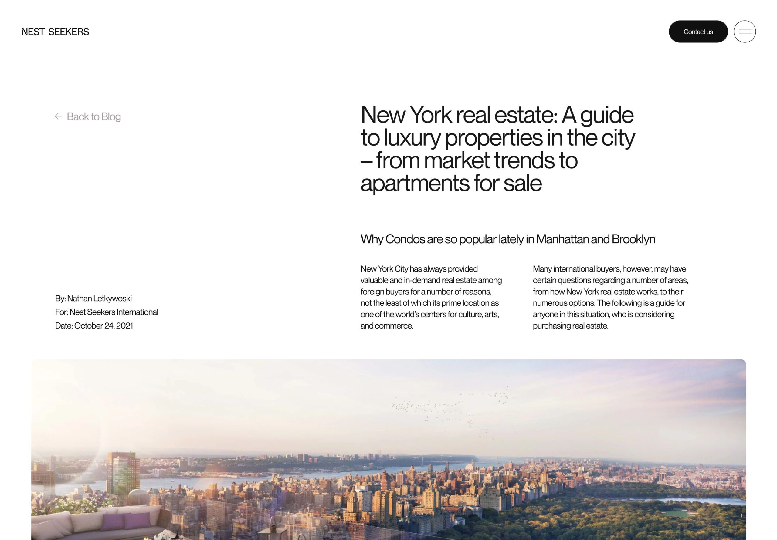 Blog page layout on New York luxury real estate with a panoramic Manhattan skyline over Central Park, for Nest Seekers.