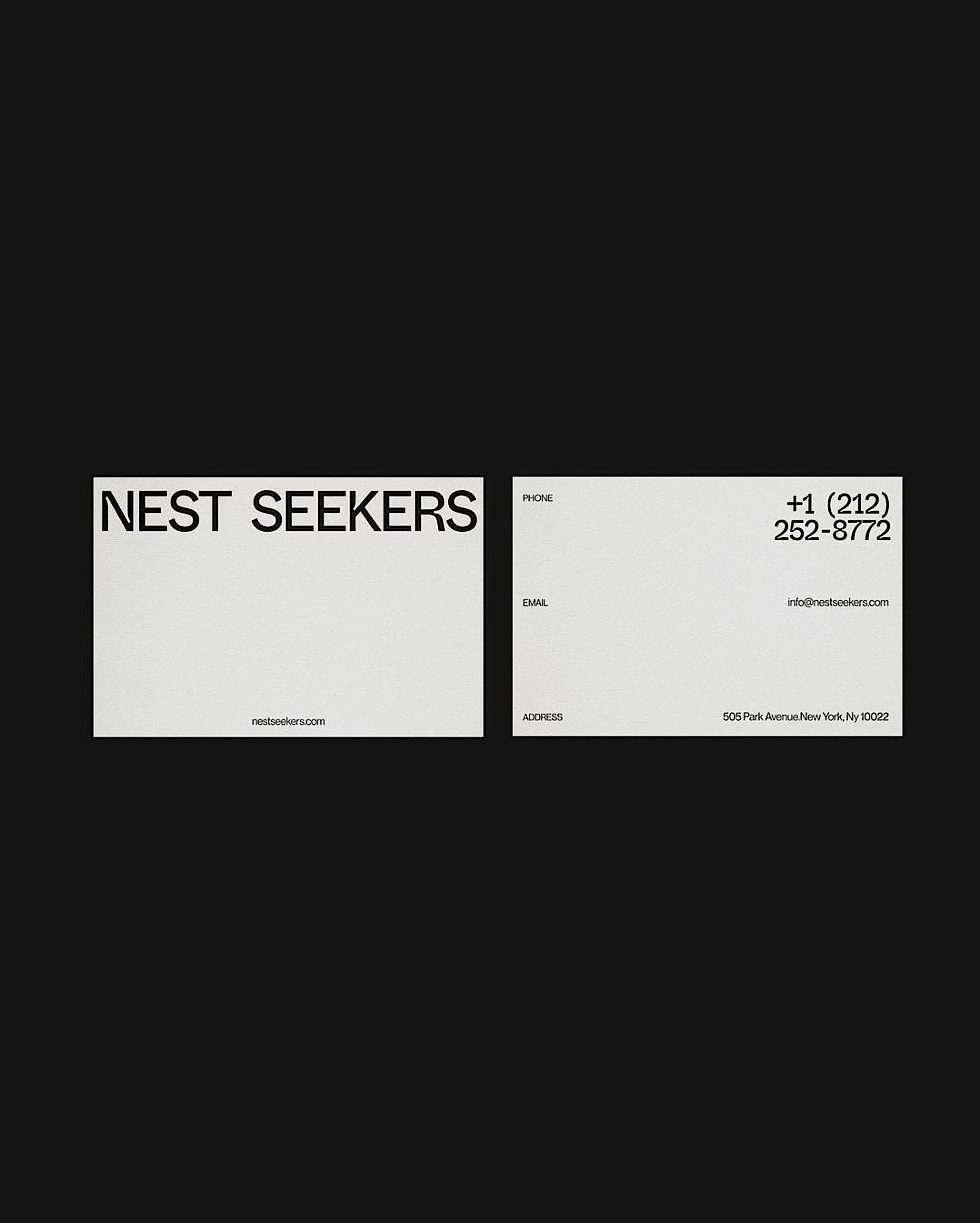 Two white business cards on black, front with bold wordmark and back with phone, email and address, for Nest Seekers.