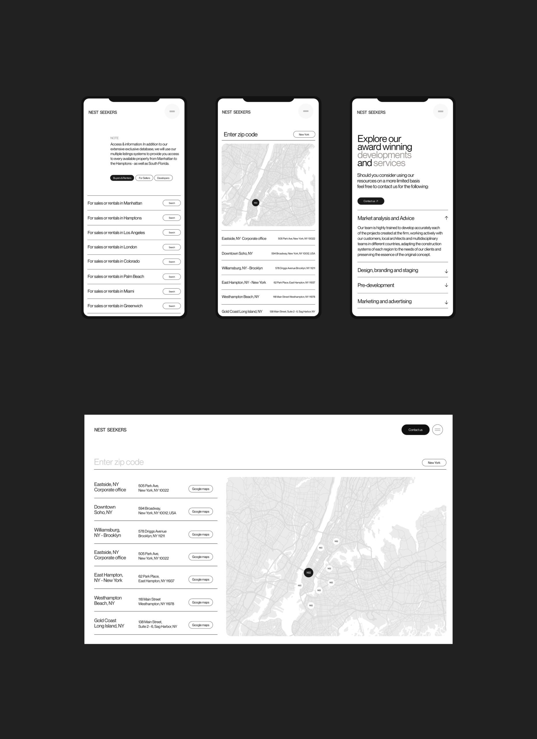 Website mockups on phones and desktop showing an office locator with a New York map and listings, for Nest Seekers.