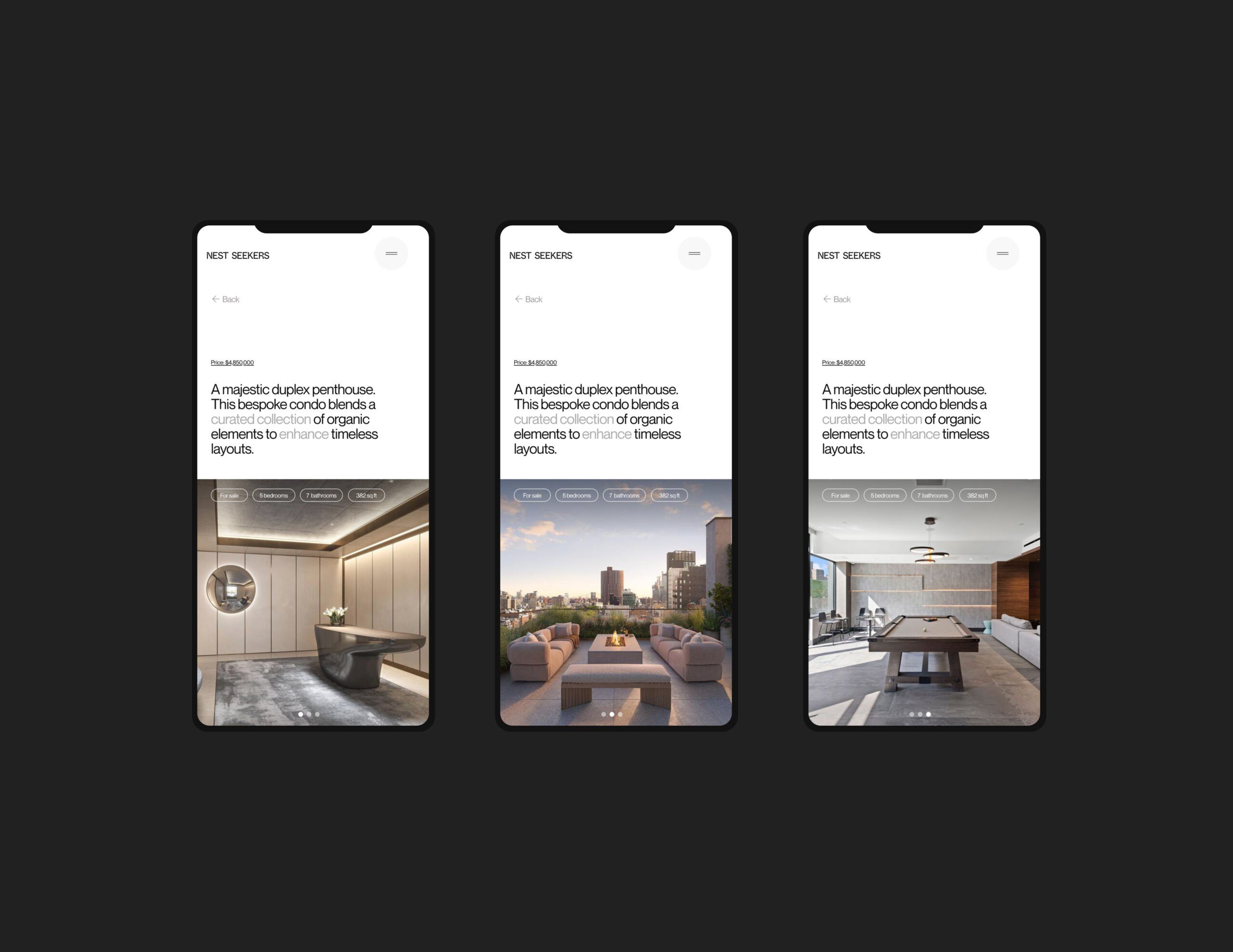 Three phone screens of a penthouse listing showing a dressing room, rooftop terrace and pool table lounge, for Nest Seekers.