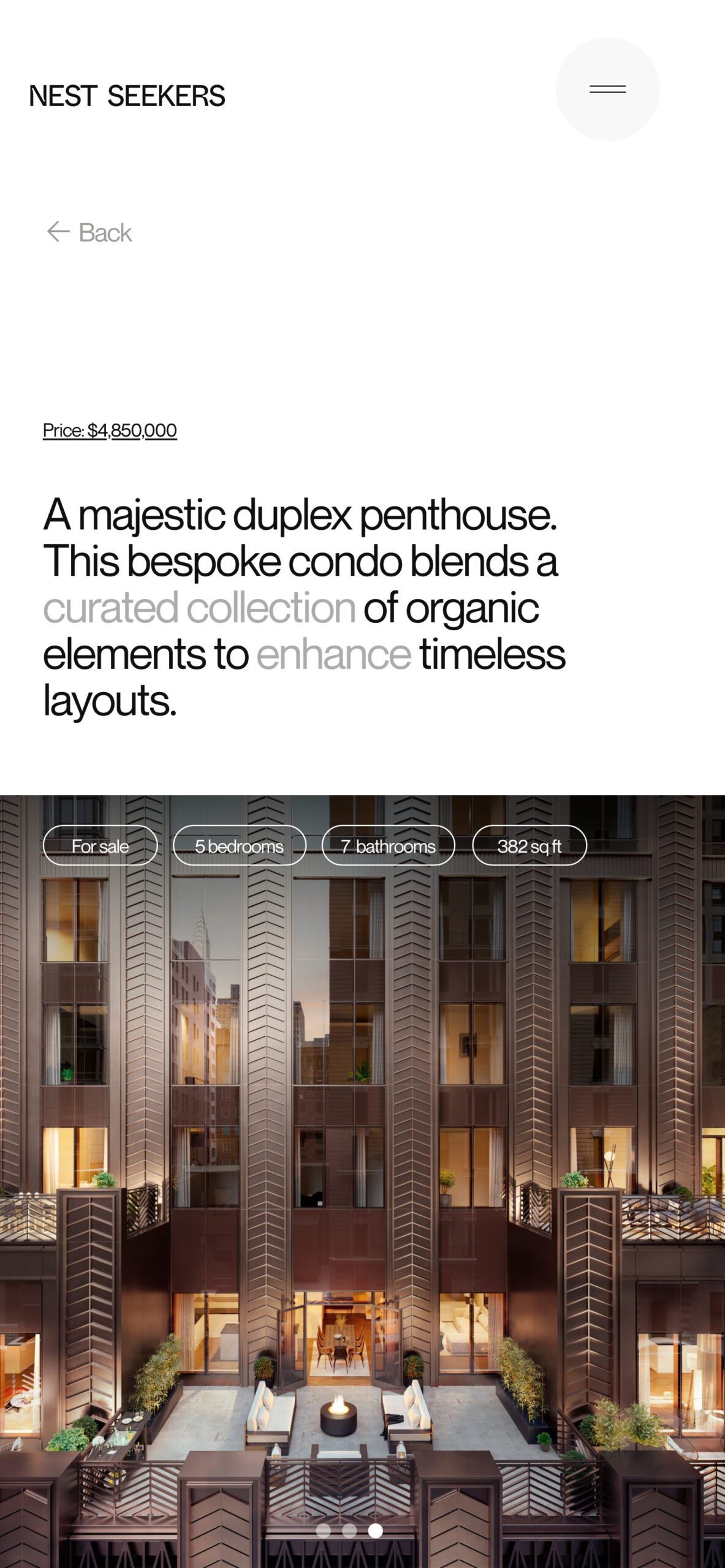 Mobile listing page for a duplex penthouse priced at $4,850,000, above a render of a brick courtyard facade, for Nest Seekers.