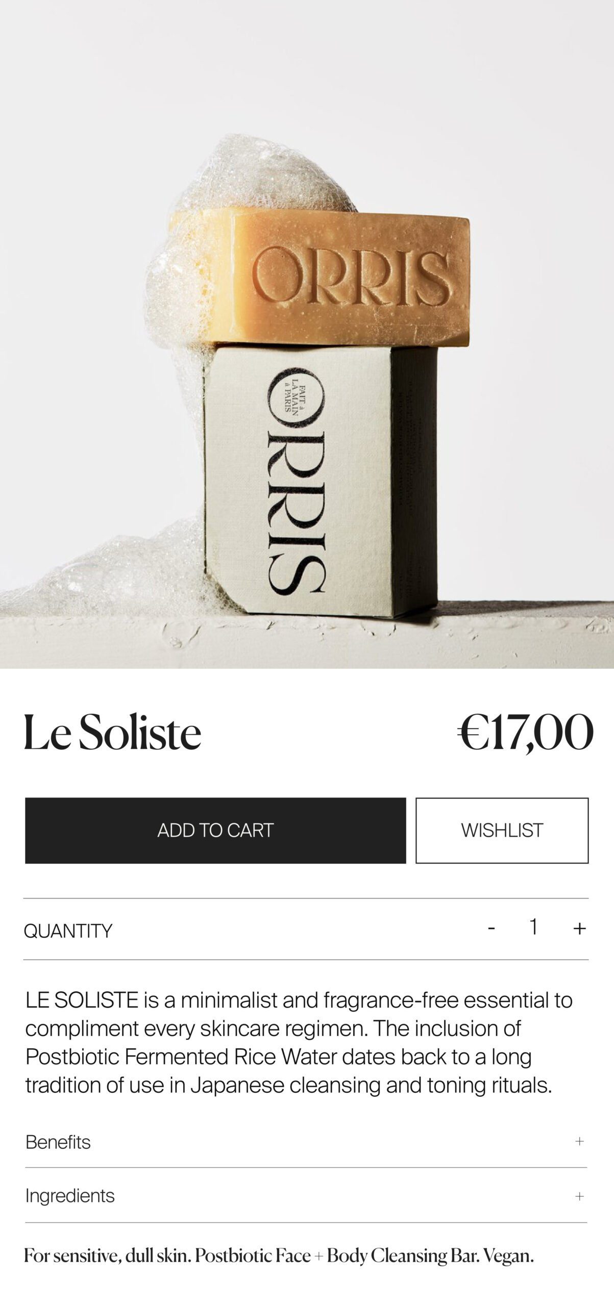 Mobile product page showing a foamy orange soap bar stacked on its white box, with price and add to cart button, for Orris.