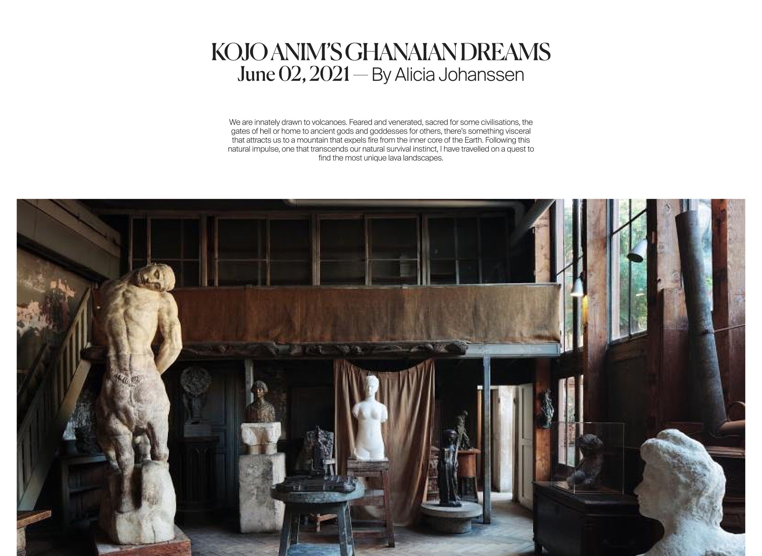 Magazine article layout titled Kojo Anim's Ghanaian Dreams above a photo of a sculpture-filled studio with a loft and tall windows.