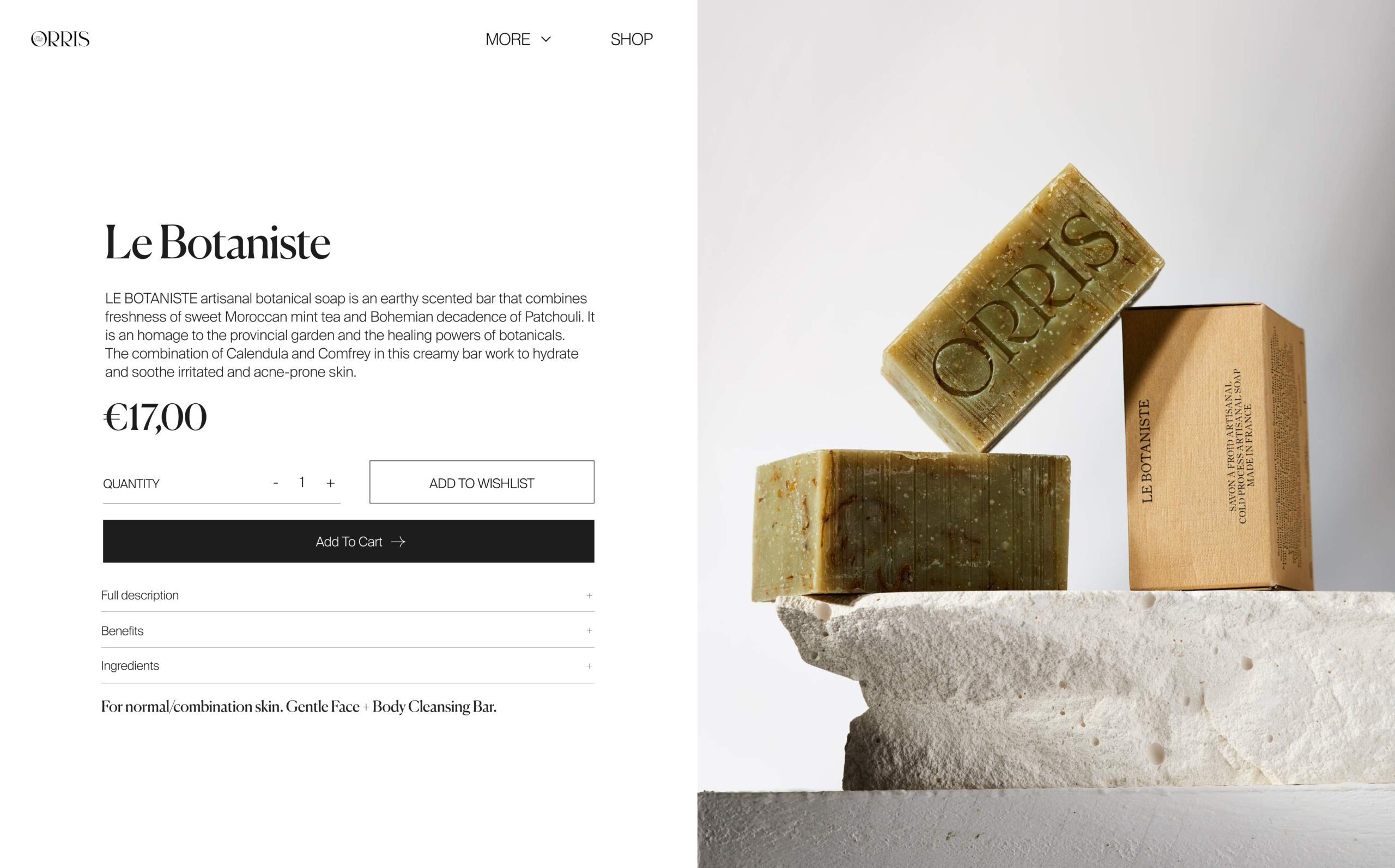 Product page showing green Le Botaniste soap bars and a kraft box stacked on white stone, for Orris.