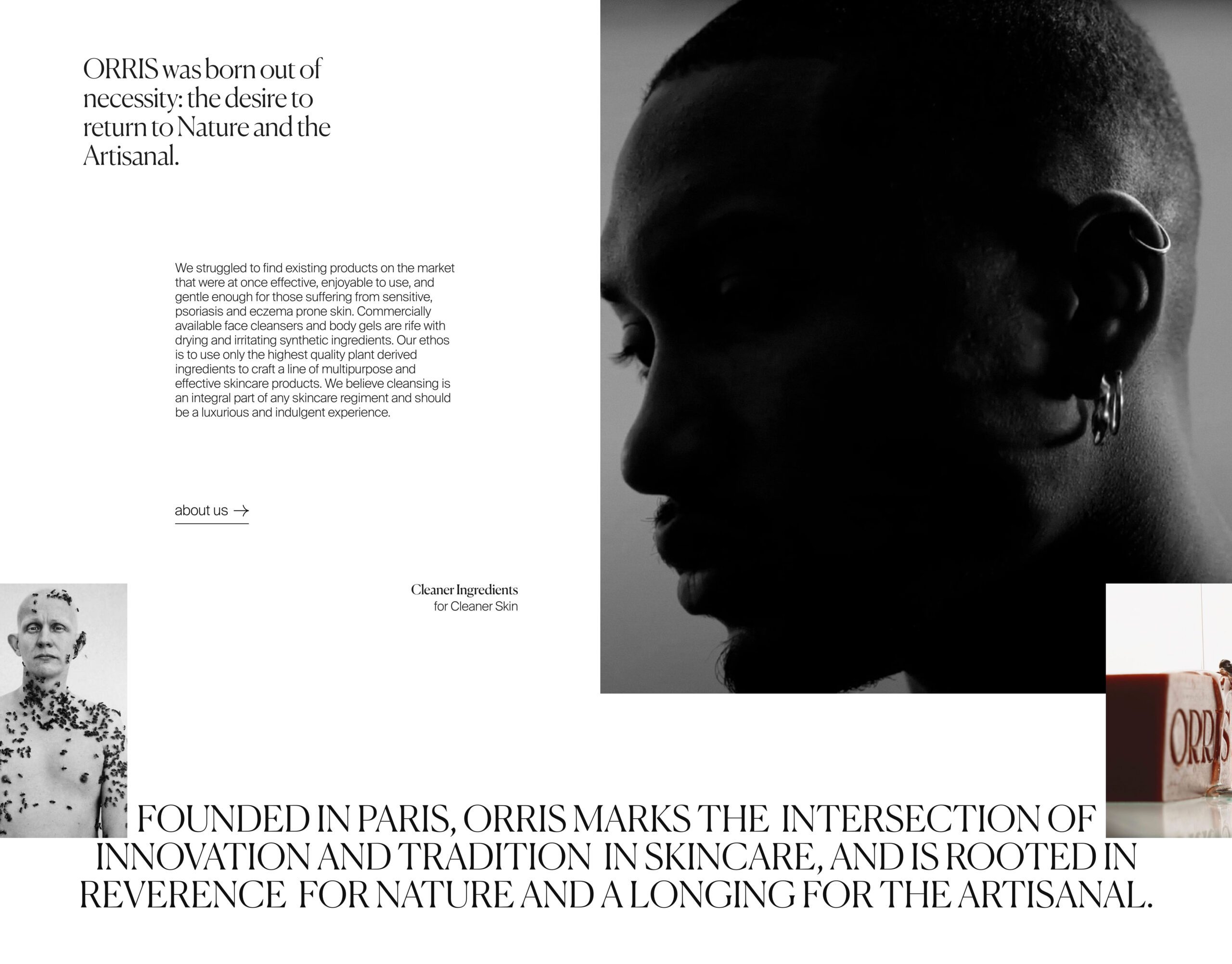 Web page layout pairing a black-and-white profile portrait of a man with earrings and brand text, for Orris.