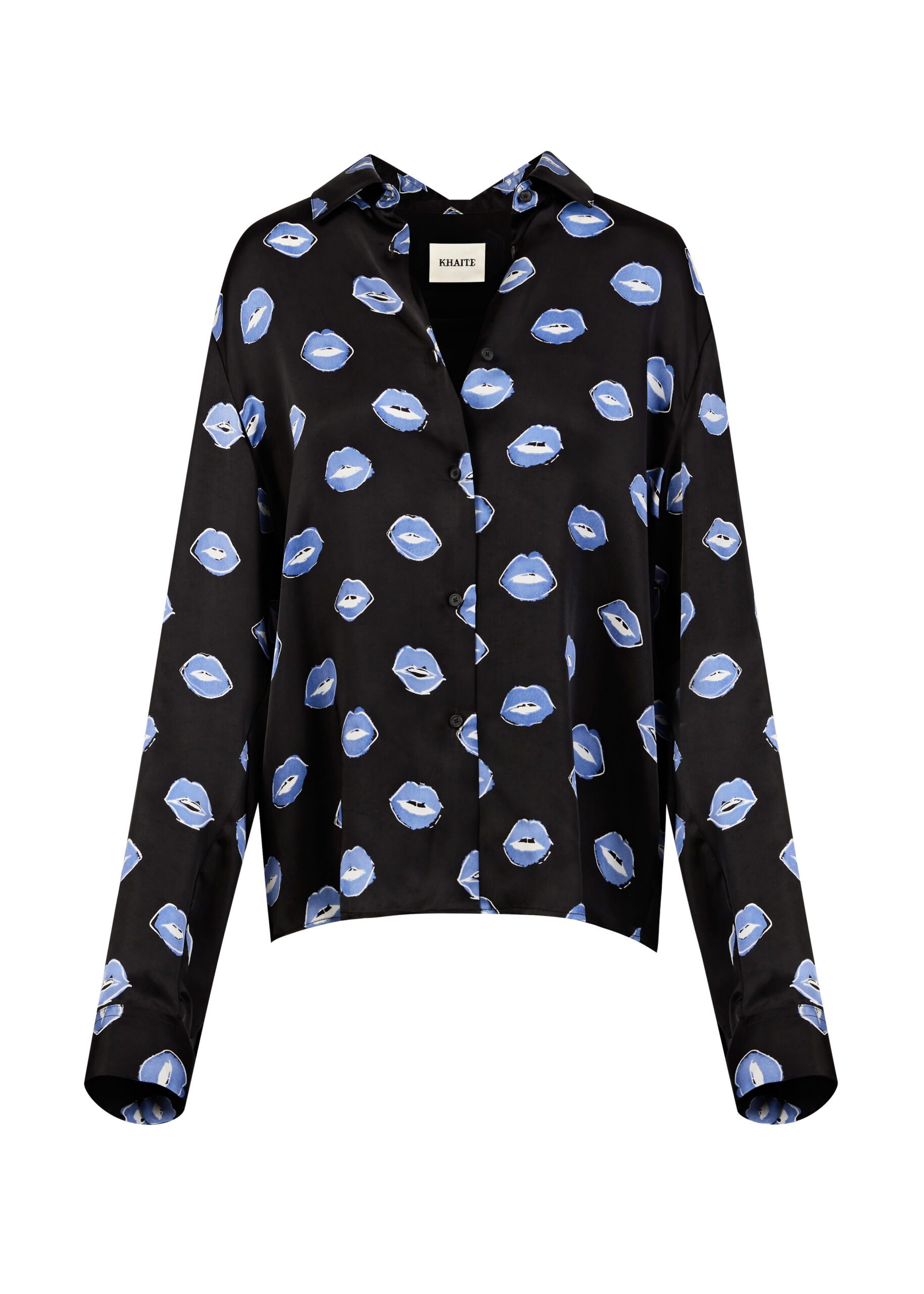 Black satin button-up shirt with a blue lips print, shown flat on white as a product still life, for Khaite.