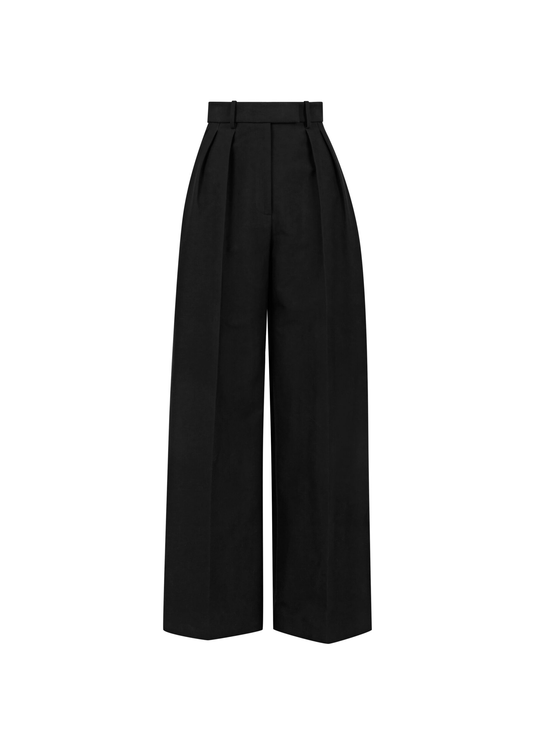 Black high-waisted wide-leg trousers with front pleats, shown flat on a white background, for Khaite.