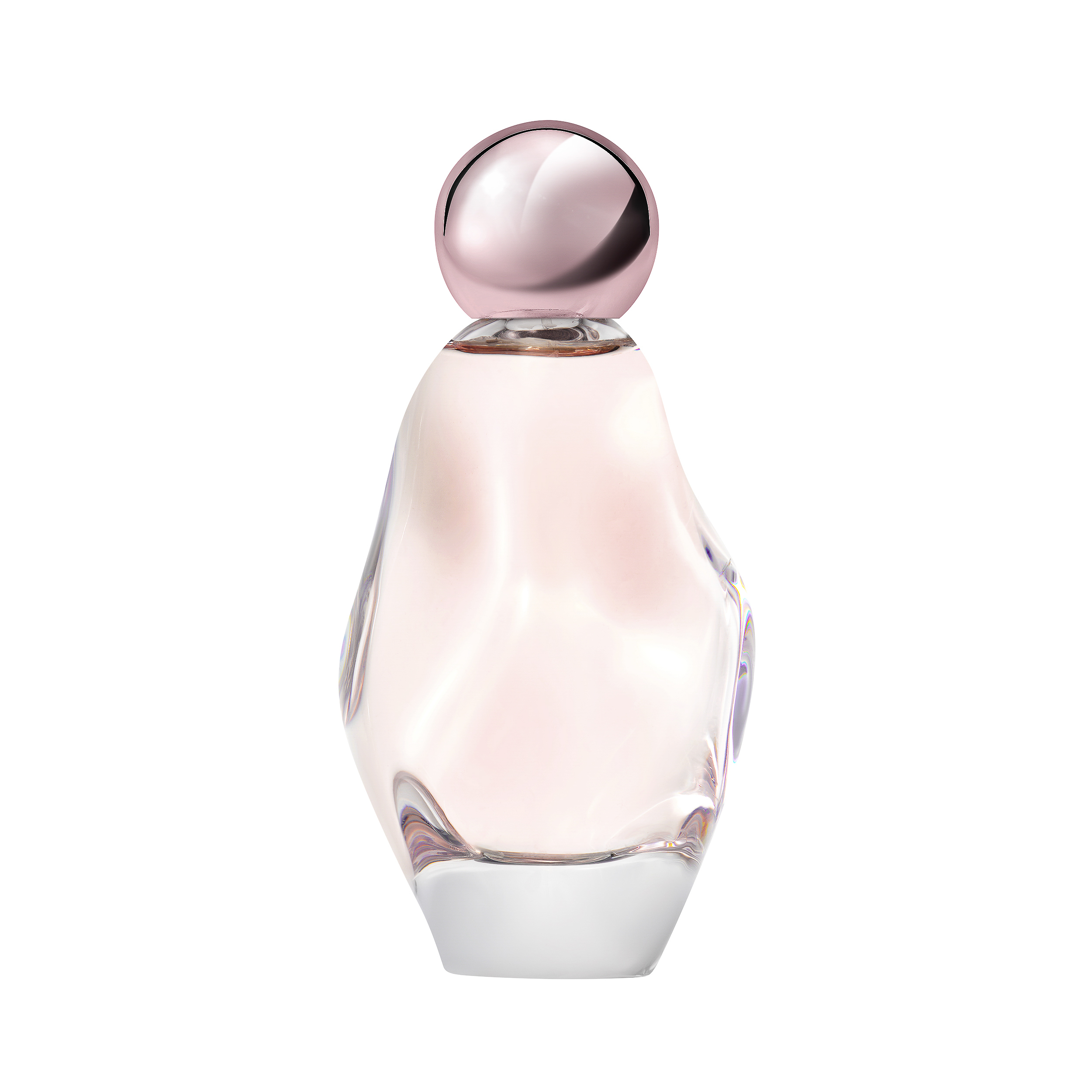 Pale pink perfume bottle with sculpted glass and a glossy rose-gold sphere cap on white, a fragrance still life, for Kylie Cosmetics.