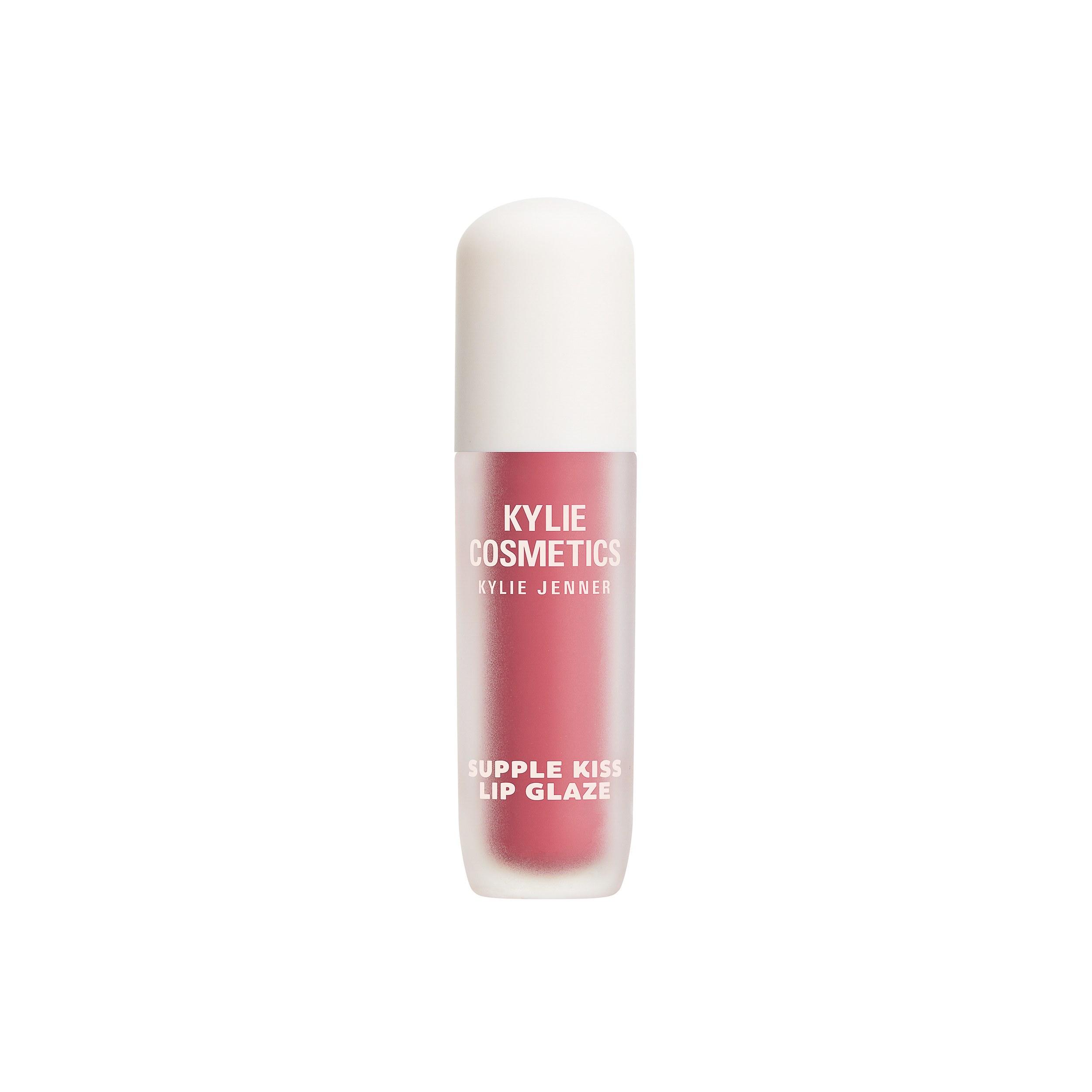 Frosted tube of rose-pink Supple Kiss Lip Glaze with a white cap on a white background, for Kylie Cosmetics.