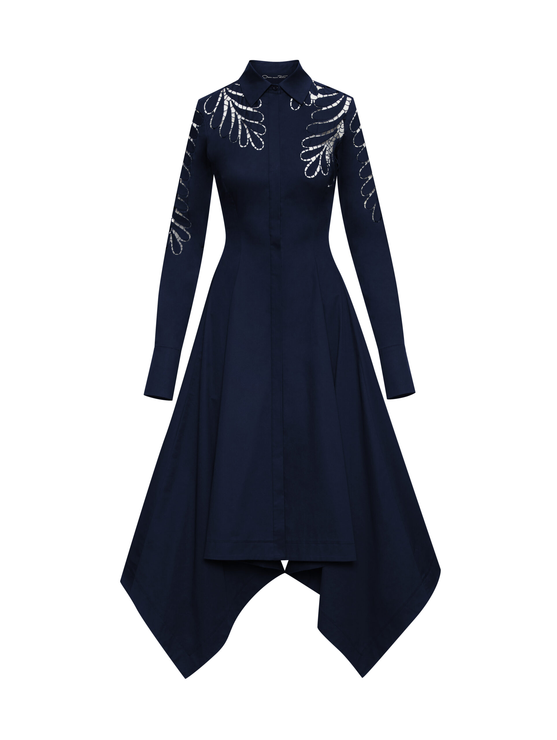 Navy long-sleeve shirt dress with white leaf cutwork embroidery and handkerchief hem on white, for Oscar de la Renta.