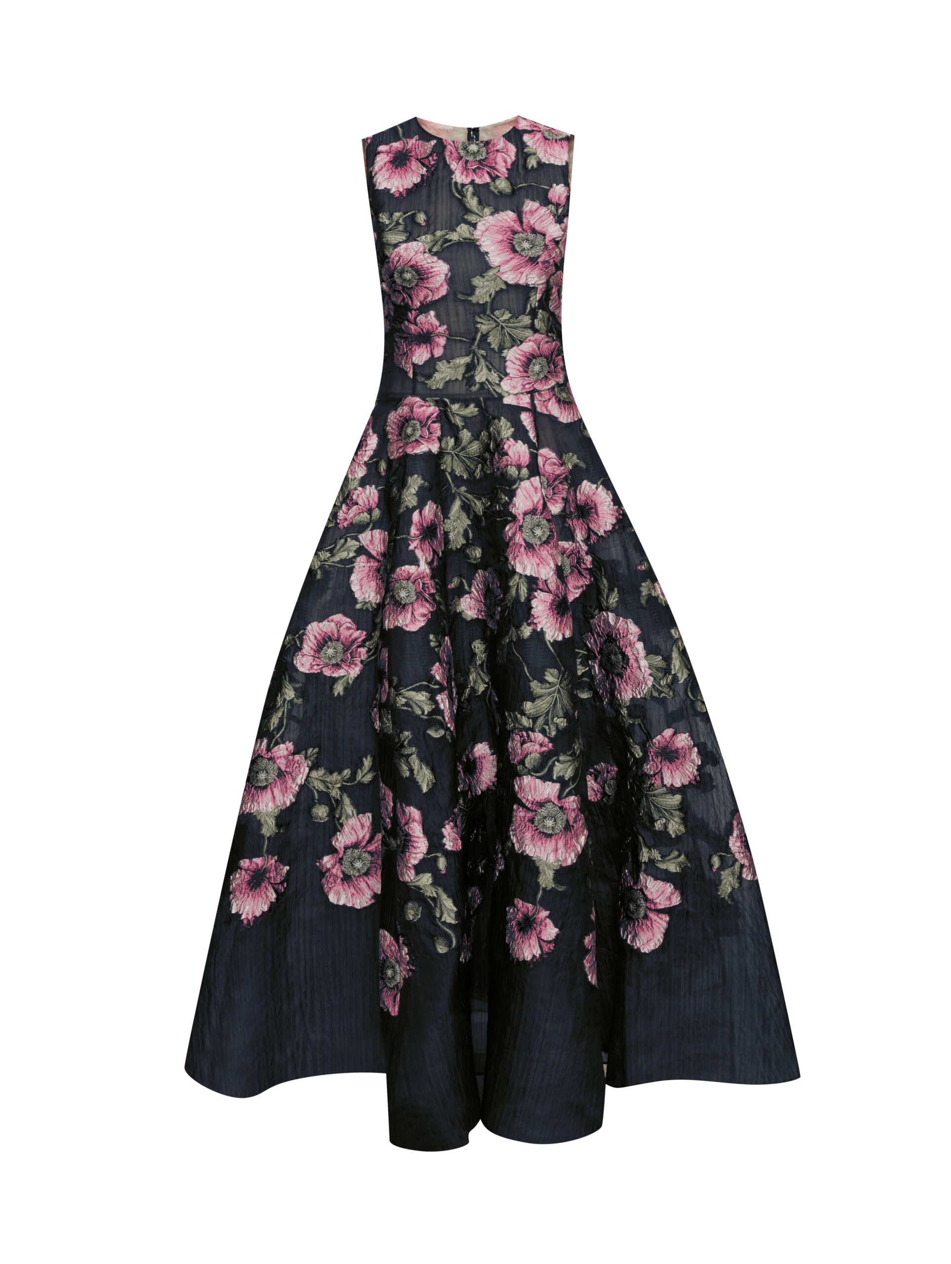 Sleeveless navy gown with pink poppy embroidery and full A-line skirt on a white background, for Oscar de la Renta.