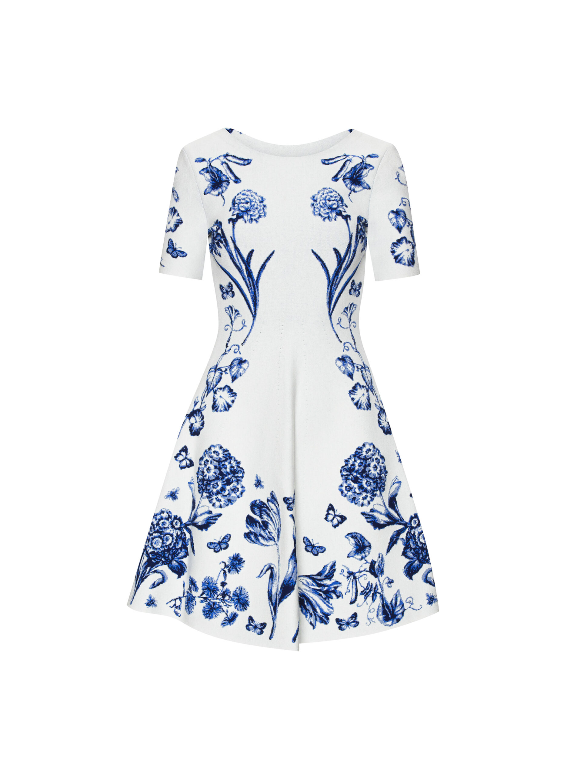 White short-sleeved fit-and-flare dress with blue botanical and butterfly print, on white, for Oscar de la Renta.