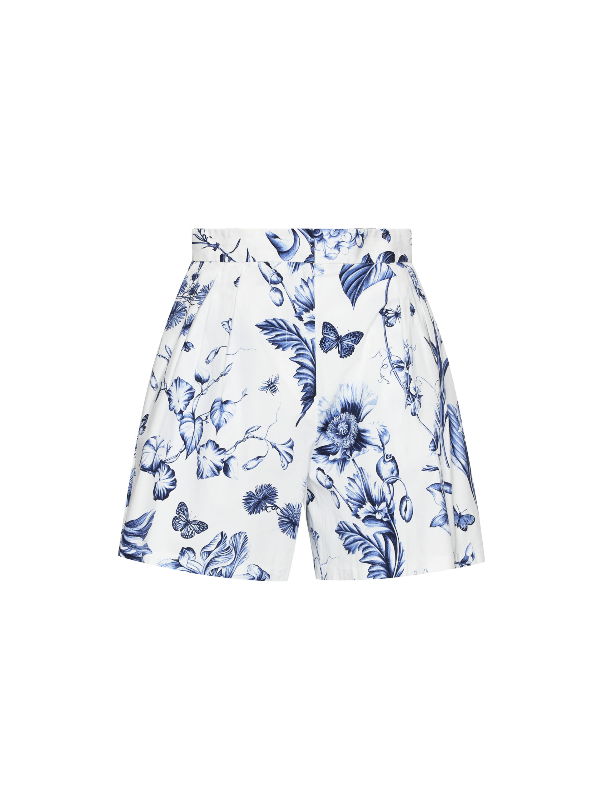 White pleated shorts with blue botanical and butterfly print on a white background, for Oscar de la Renta.